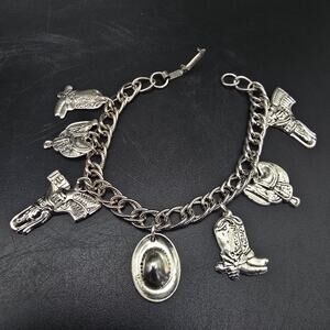 Vintage Western Theme Charm Bracelet Silver Tone Cowboy Hats NOS